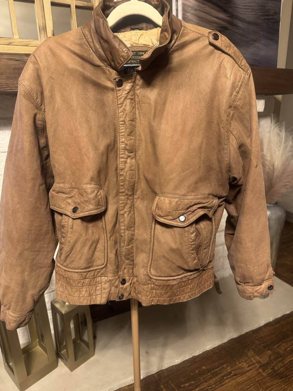Adler Brown Distressed Bomber Jacket Men's Size L Button Zip Epaulet Lined